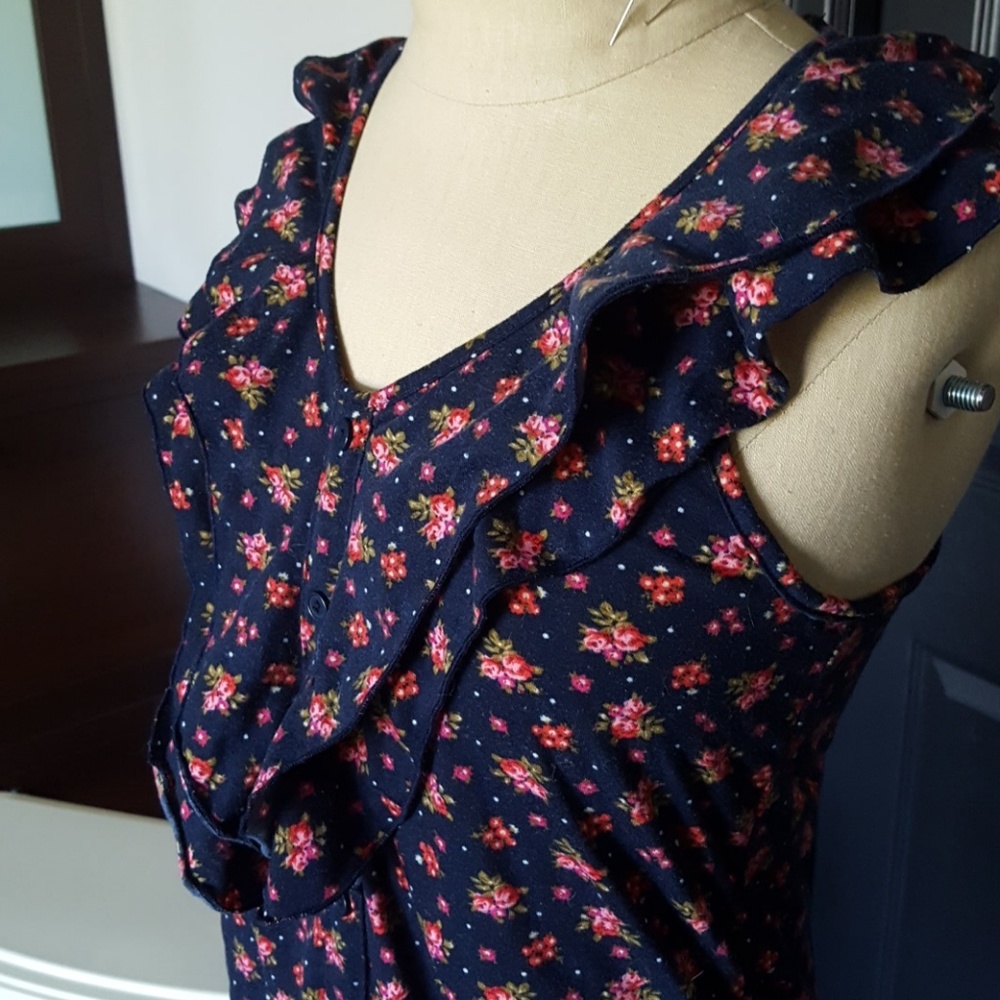 Navy Rose Print Ruffle Blouse